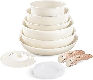 Nonstick Cookware Set - YIIFEEO Stackable Pots and Pans Set Detachable Handle Camping Cookware Granite Kitchen Cookware Sets Removable Handle, Non Toxic Nonstick Frying Pans for Cooking Set Gift Beige
