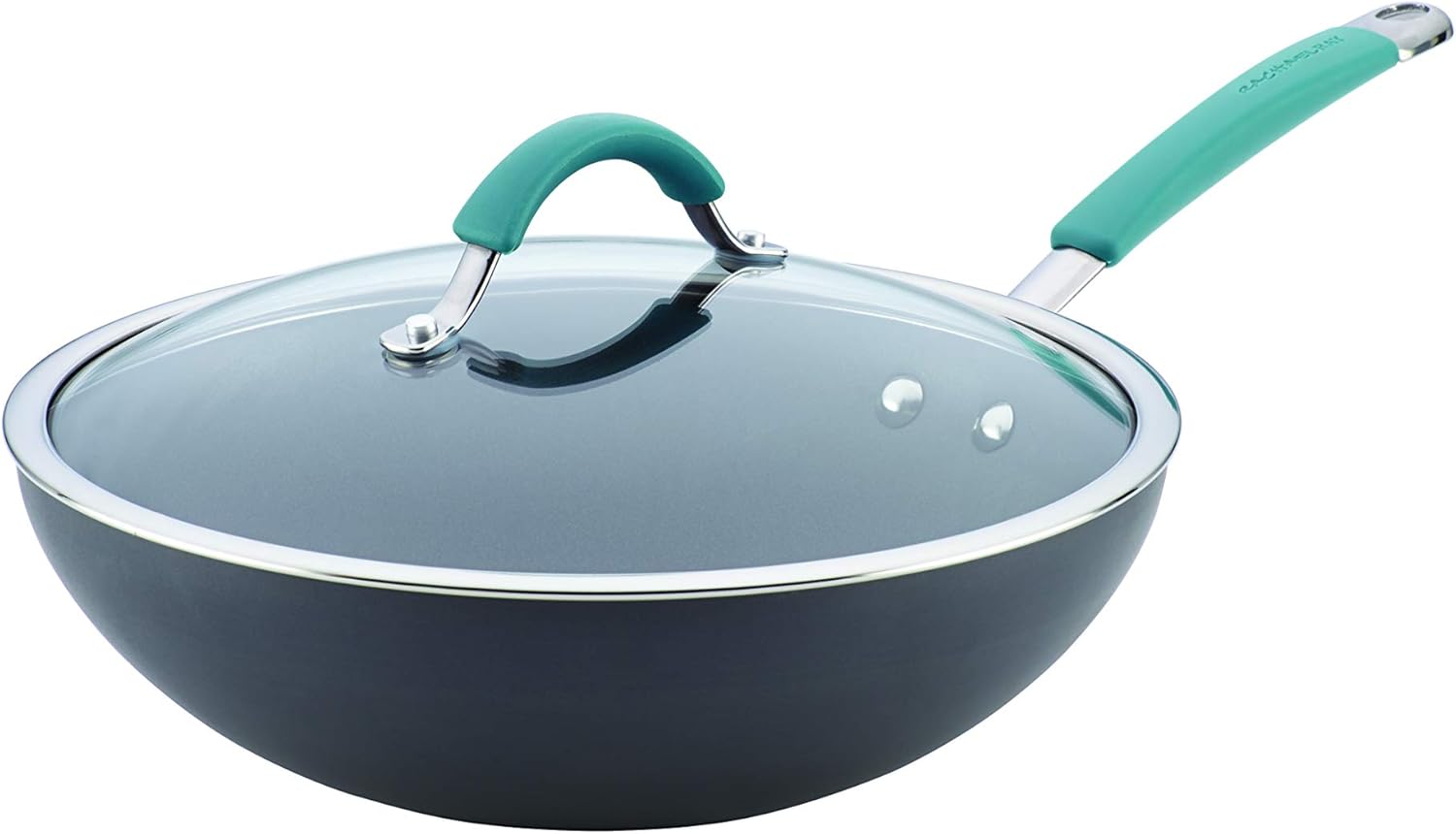 Rachael Ray Cucina Hard Anodized Nonstick Wok Pan with Lid, 11-Inch Covered Stir Fry, Gray with Blue Handles