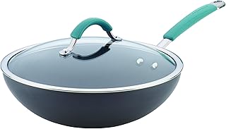 Rachael Ray Cucina Hard Anodized Nonstick Wok Pan with Lid, 11-Inch Covered Stir Fry, Gray with Blue Handles