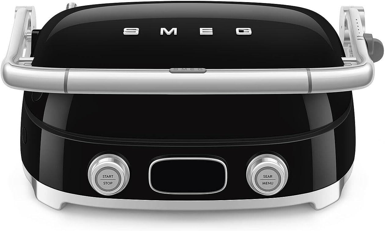 SMEG MGF01 Multi-Use Countertop Electric Grill, with Interchangeable Plates, Panini Press, Waffle Maker & Grill, LCD Display, Sear Function, Adjustable Temperature, 50’s Retro Style – (Black)