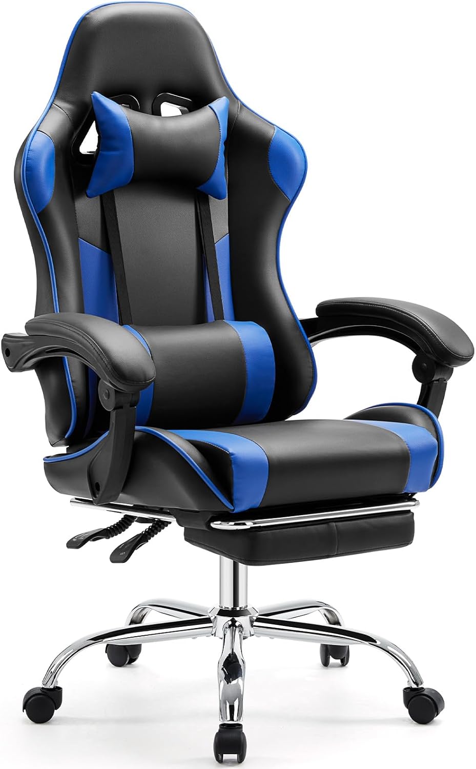Sweetcrispy Video Game Desk Chair - Ergonomic Computer with Footrest and Comfy Lumbar Support, PU Leather Recliner with Headrest, Fixed Up Armrest, Height Adjustable with 360° Swivel, for Adults, Blue