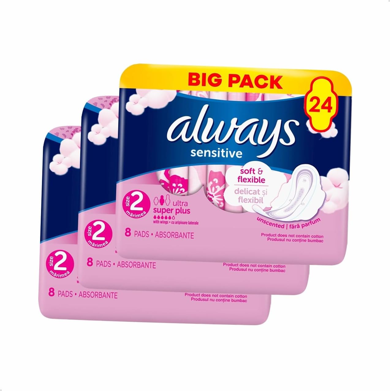 Always Sensitive Super Size 2 Wings Sanitary Pads - 24 Count (Pack of 3X 8  Pads), Fragrance‑Free, Soft and Flexible, Dermatologist‑Approved Comfort for Sensitive Skin