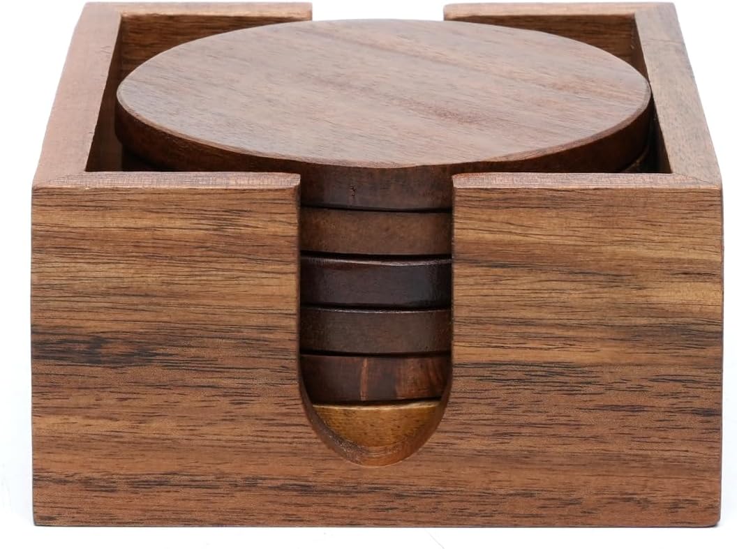 Wooden Coasters with Holder (Set of 6) | Acacia Round Coasters for Drinks, Coffee & Tea | Table Coaster with RND Holder for Homes & Office Desks | Wood Coasters Protection from Watermarks & Damage