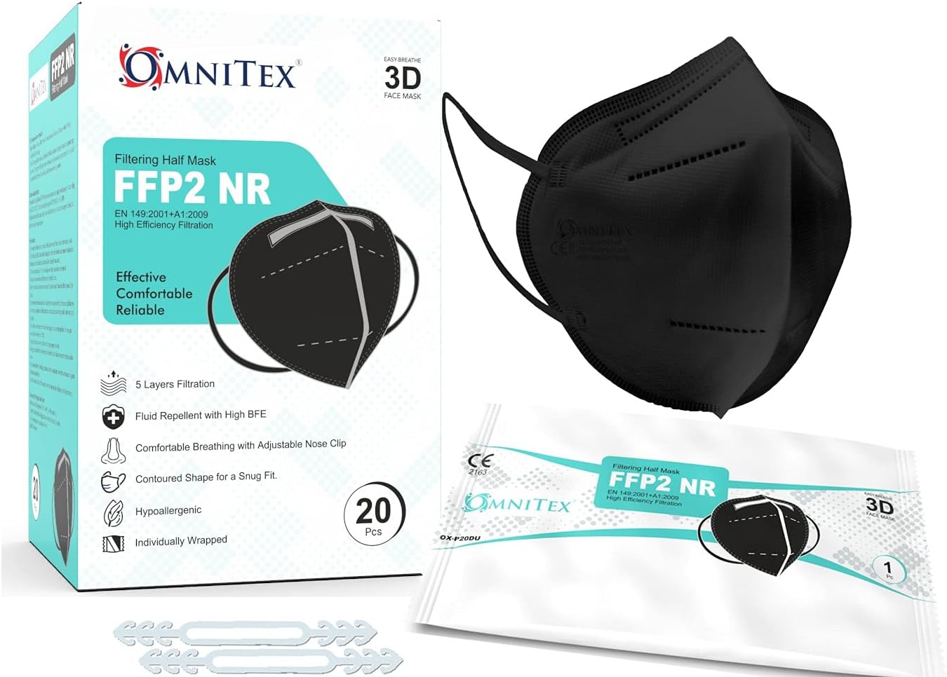 Omnitex FFP2 Black Face Mask - Box of 20, Individually Wrapped | High Filtration - 5 Layers | EN149 CE Certified | Hypoallergenic | Fluid Resistant | Adaptable Nose Bridge | 5x Extenders