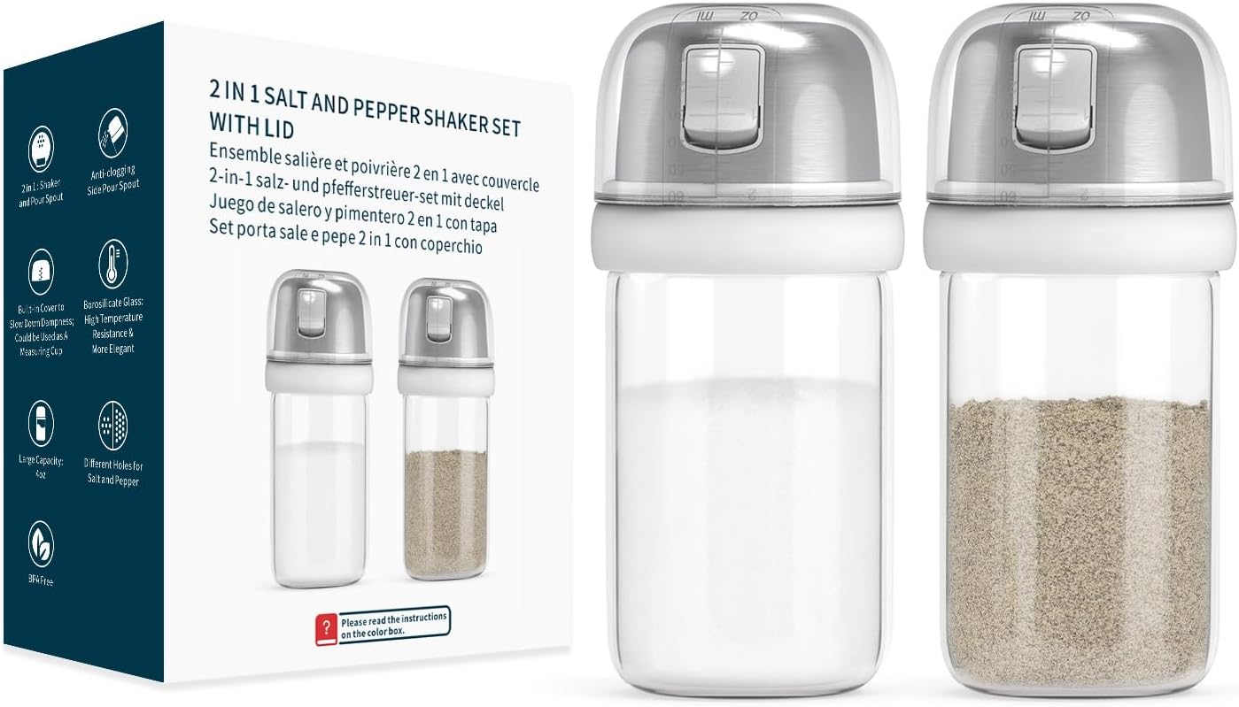 KTCHENDAO 2 in 1 Glass Salt and Pepper Shaker with Side Pour Spout, Built-in Lid for Moisture-proof, Elegant Borosilicate Glass Salt Pepper Dispenser set for Kitchen, BPA Free, 4oz (White)