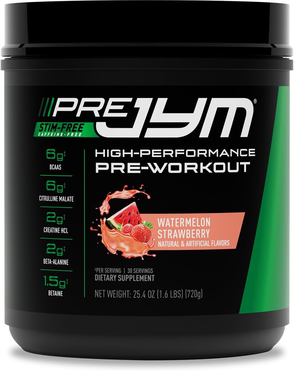 Pre JYM Stim Free Watermelon Strawberry Pre-Workout Powder, Creatine, No Caffeine, Citrulline, Betaine, BCAA's, Taurine, Alpha-GPC, Huperzine, 30 Servings