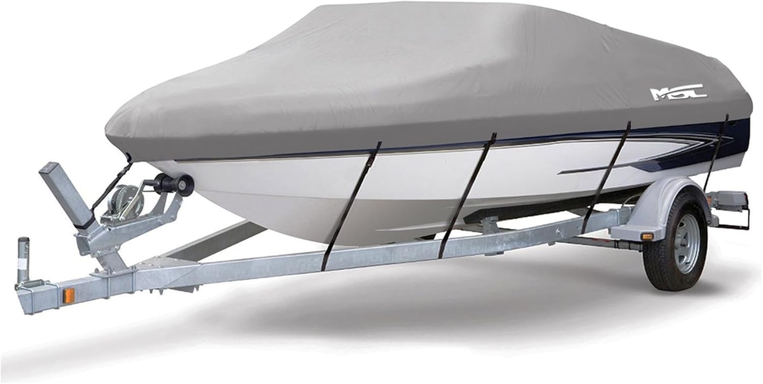 MSC Heavy Duty 600D Marine Grade Polyester Canvas Trailerable Waterproof Boat Cover,Fits V-Hull,Tri-Hull, Runabout Boat Cover (Model B - Length:14'-16' Beam Width: up to 90", Gray)