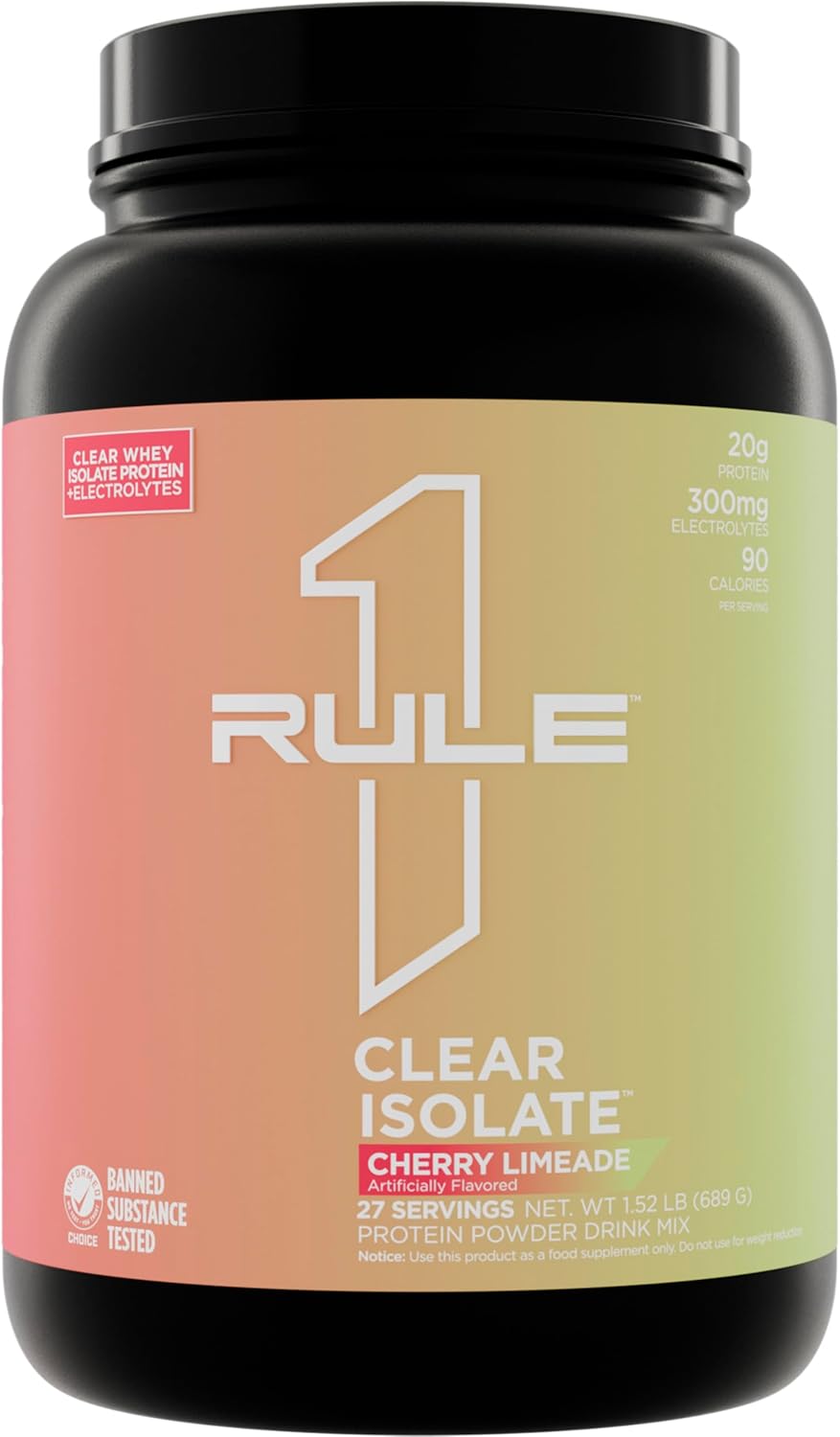 Rule One Proteins Clear Isolate - 20g All-whey Isolate Protein, Over 9g EAAs, 300mg of Electrolyte Minerals, 90 Calories, Light, Crisp, and Refreshing Taste (27 Servings, Cherry Limeade)
