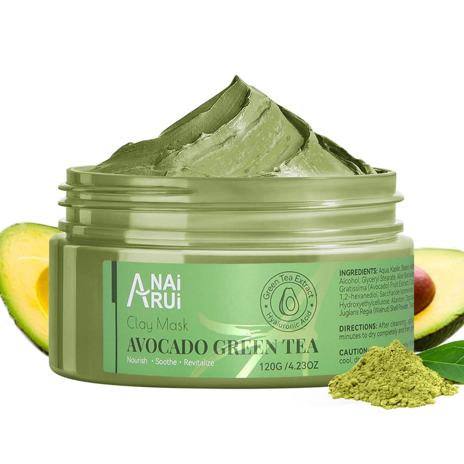 ANAI RUI Green Tea Face Mask with Avocado, Clay Facial Mask for Acne, Mud Mask for Face and Body, Face Cleansing Mask, Hydrating, Nourishing, Soothing, 120g/4.23 oz