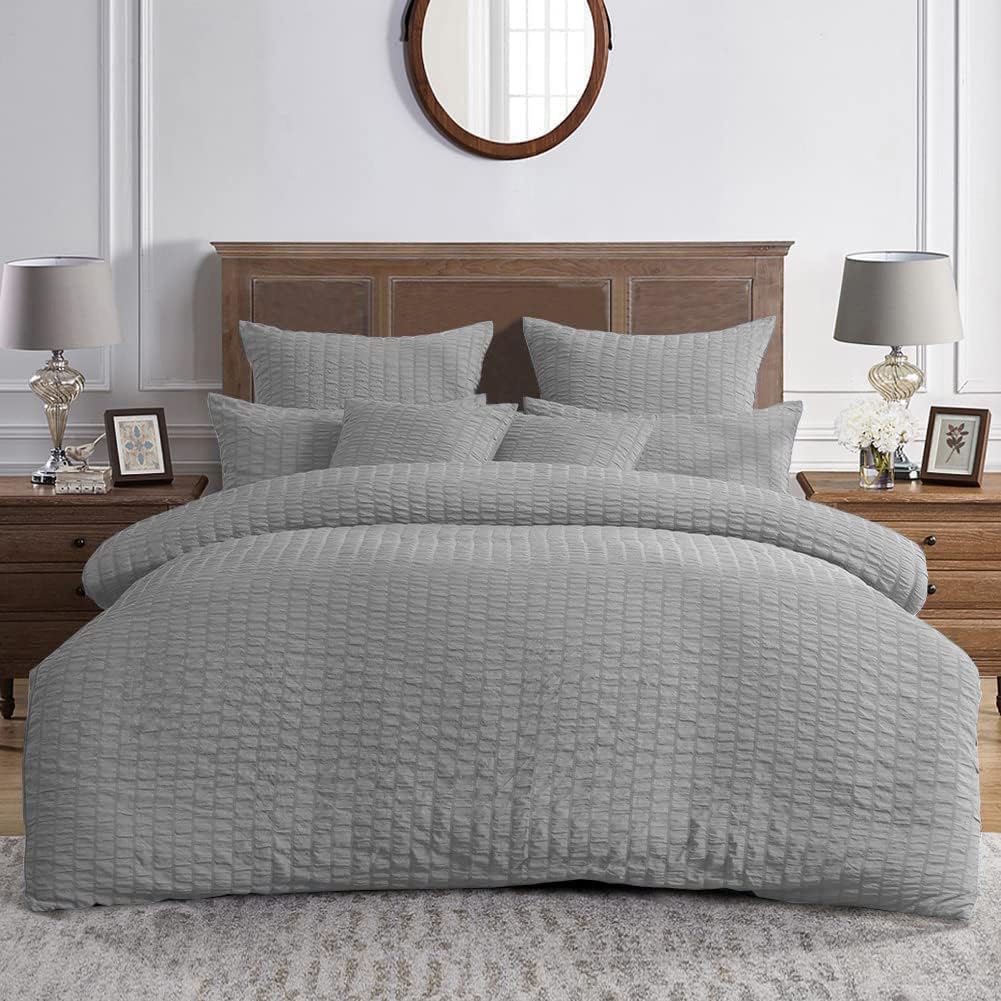 MK Home Textile Seersucker Duvet Cover Set King Bedding Sets with Pillow Cases 100% Cotton Hotel Quality White Silver Charcoal Pink Grey Quilt Covers Double King SuperKing