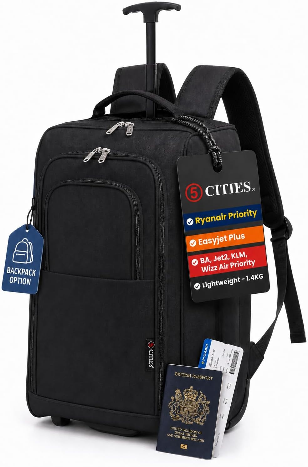 5 Cities 55cm Backpack Trolley Cabin Bag with Wheels, Hand Luggage