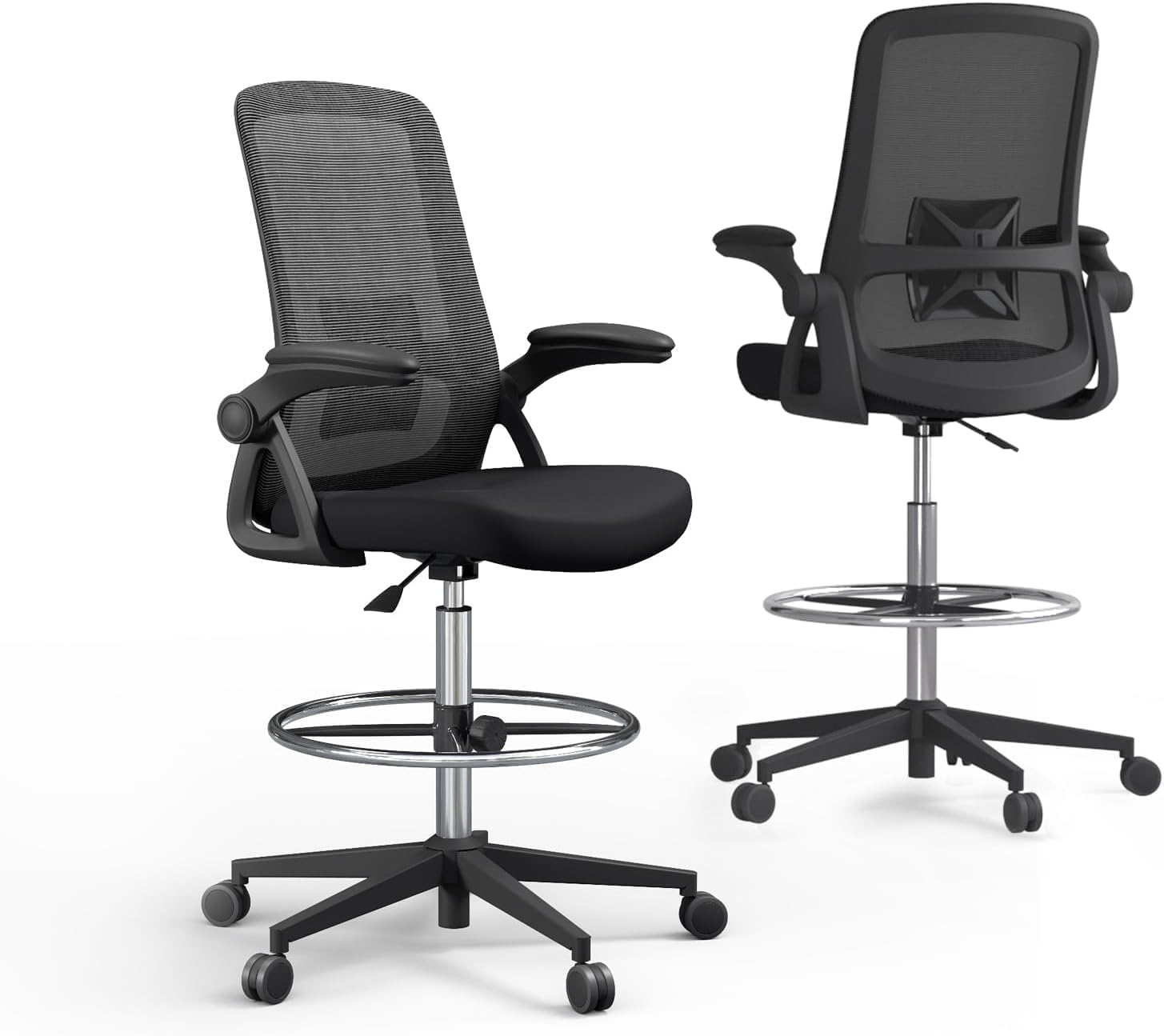 Drafting Chair,Tall Office Chair with Adjustable Lumbar Support,Ergonomic Tall Desk Chair with Flip Up Armrests,Standing Desk Chair with 25.6‘’ to 34.6‘’ Seat Height & Footrest Ring,300LBS Capacity