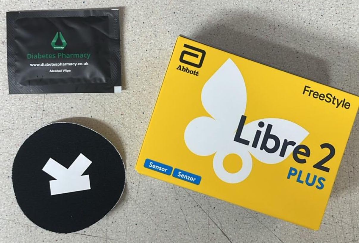 Abbott Freestyle Libre 2 Plus Sensor for diabetes monitoring CGM for UK, white + Free Arrowedge alcohol wipe and ULTRAHUMAN water proof CGM Patches to be used with LibreLink app, Libre reader ONLY