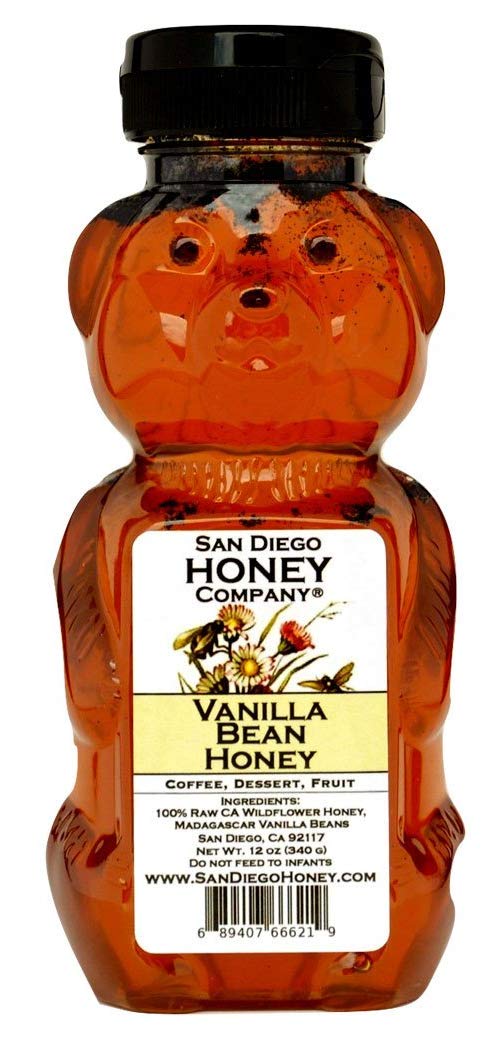 VANILLA HONEY by San Diego Honey Company - 12 oz Honey Bear, Raw Wildflower Honey with Organic Vanilla Beans
