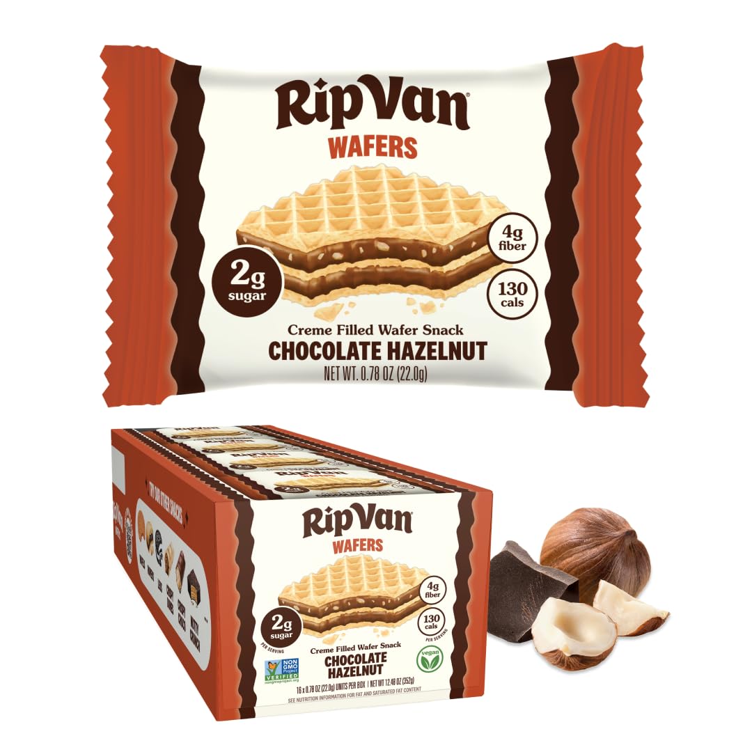 Rip Van Chocolate Hazelnut Wafer Cookies, Keto, Non-GMO, Healthy Snacks, Low Carb & Low Sugar (2g), Low Calorie, Vegan, 16 Count