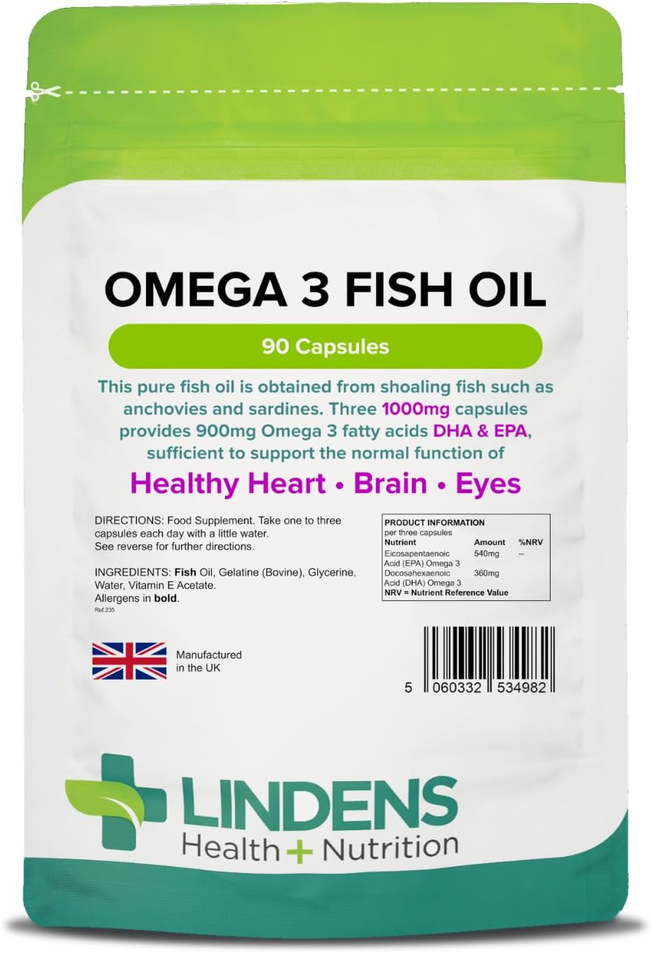 Lindens Omega 3 Fish Oil Capsules - 90 Pack - 3,000mg Daily Intake - UK Made - Supports Normal Function of Healthy Heart, Brain & Eyes - GMP & Letterbox Friendly