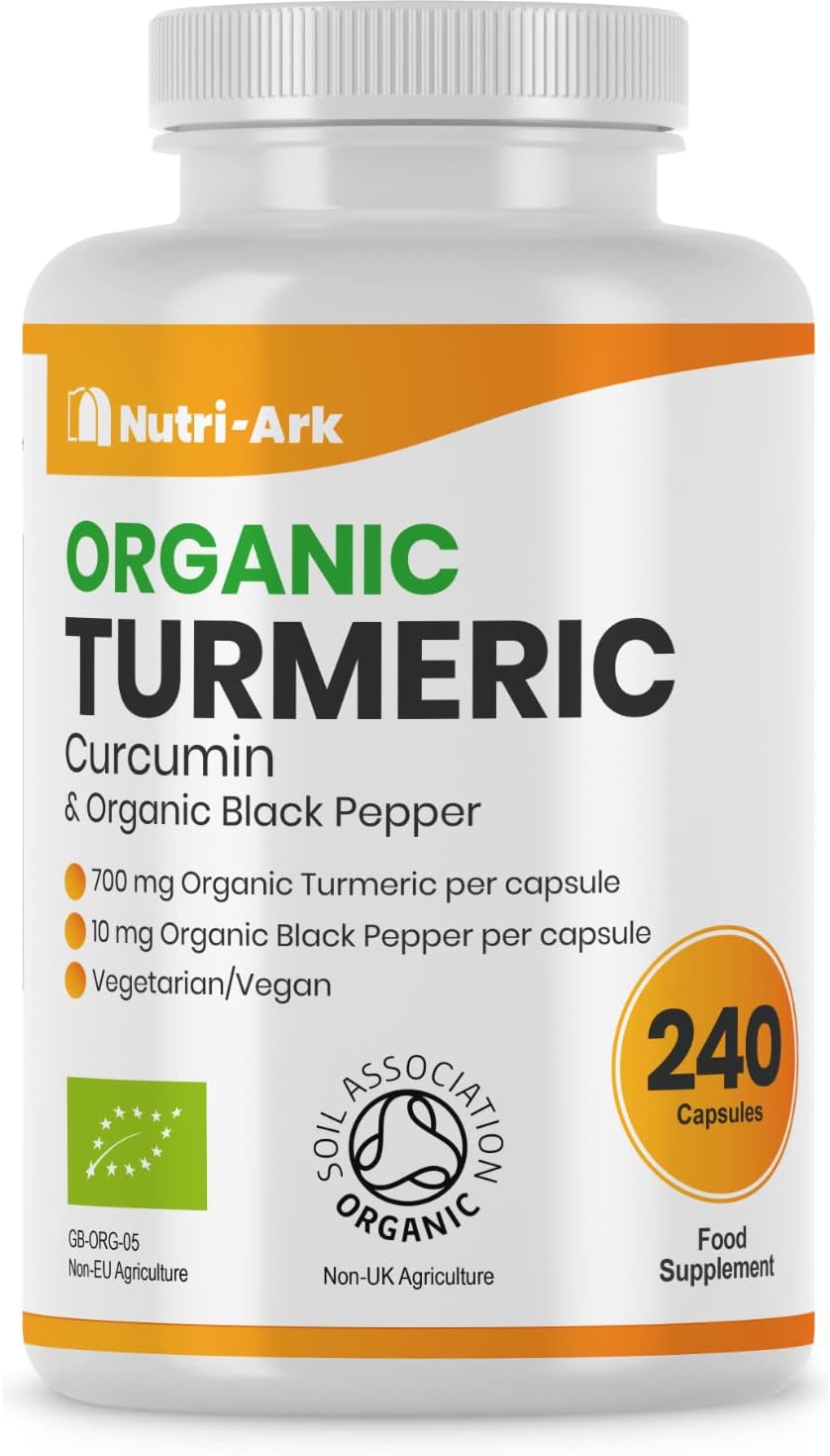 Organic Turmeric 700mg with Black Pepper – High Strength Curcumin Capsules | 240 Vegan Capsules (8-Month Supply) | Soil Association Certified & Made in The UK for Nutri-Ark