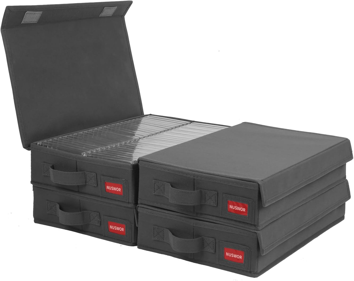 Stackable Tape Storage Boxes - Dust-proof Racks with Lid - Audio Cassette Holder Pack of 4- Holds 192 Cases - 16.34 x 9.25 x 3.4 Inches Grey