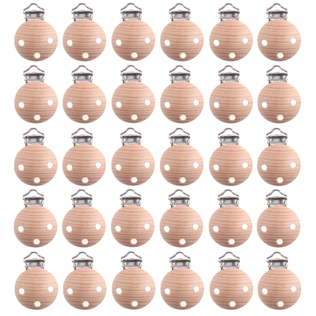 Natural Beech Wood Round Pacifier Clips Suspender Clips Sutoyuen Wood Pacifier Clip Holder Charm for DIY Babies Dummy Chain Accessories 30 Pieces (with Hole)