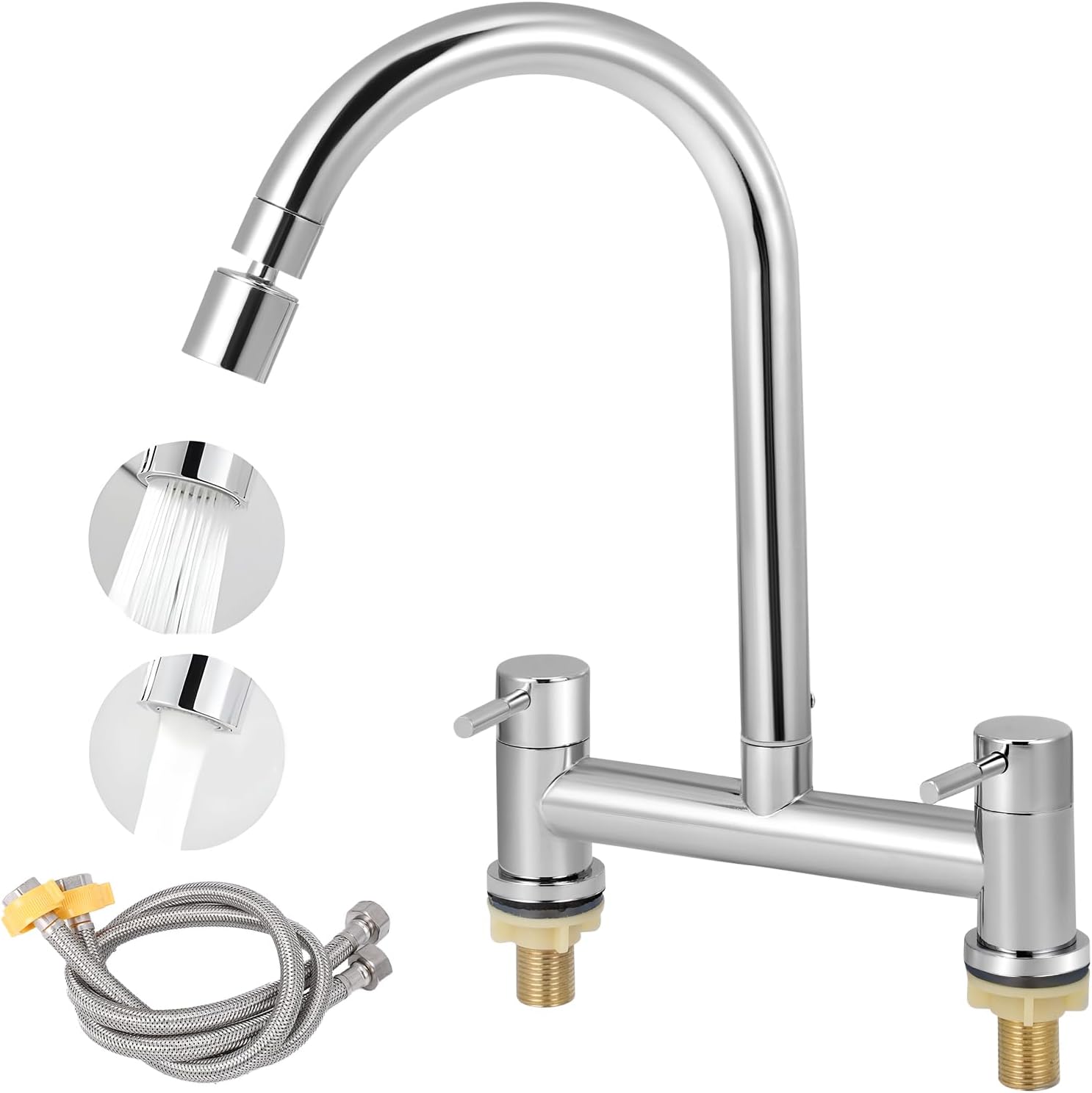 Kitchen Bridge Mixer Taps with 360° Swivel Spout, 2 Hole Sink Mixer Taps Dual Levers Faucet, 180 mm Centers Deck Mounted Chrome Sink Tap 2 Function Sprayer, 1/4 Turn Cold and Hot Mixer Tap (Silver)