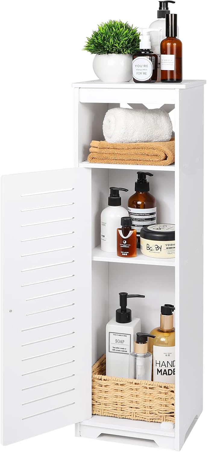 BHFOW Bathroom Floor Storage Cabinet with 1 Tier Shelf and Single Door, Free Standing Storage Organizer Hallway Entryway Cabinet, Narrow Bathroom Shelf for Living Room Kitchen, White