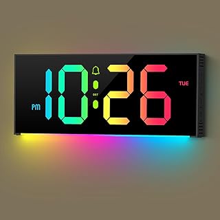 Abovsare 13" Alarm Clock with 12 RGB Colors Changing Remote Control, LED Clocks with Night Lights for Living Room Bedroom Office Wall Decor, Black(Adapter Include)