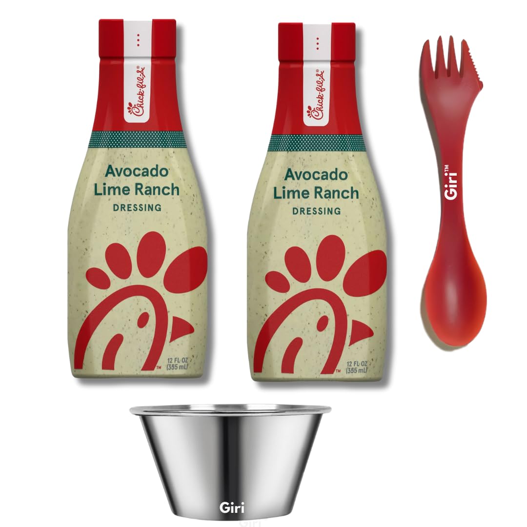 Chick-fil-A Avocado Lime Ranch Salad Dressing, 12 oz (2-pack) Bundle with Giri Plastic Spork and Stainless Steel Condiment Cup (3 Items)