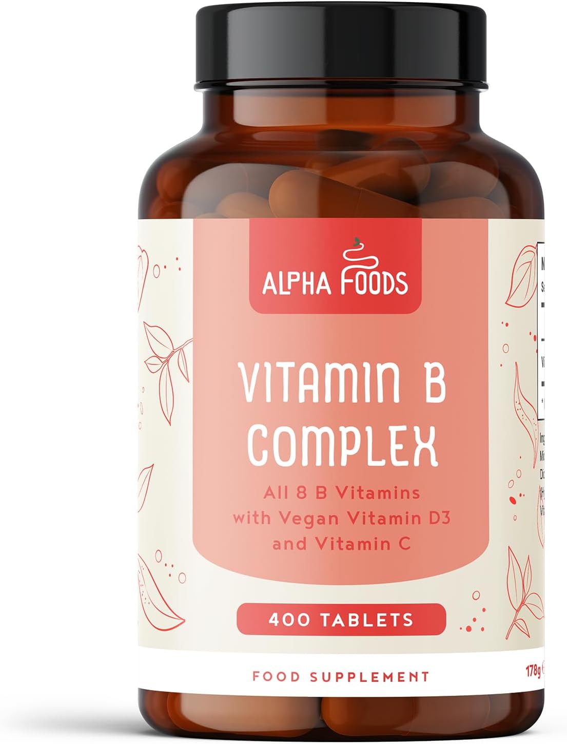 Vitamin B Complex | 400 High Strength Vegan Tablets (1 Year+ Supply) | All 8 B Vitamins B1-B2-B5-B6-B12, Biotin, Folic Acid, VIT C & D3 | Energy Boost & Immune Support | Alpha Foods
