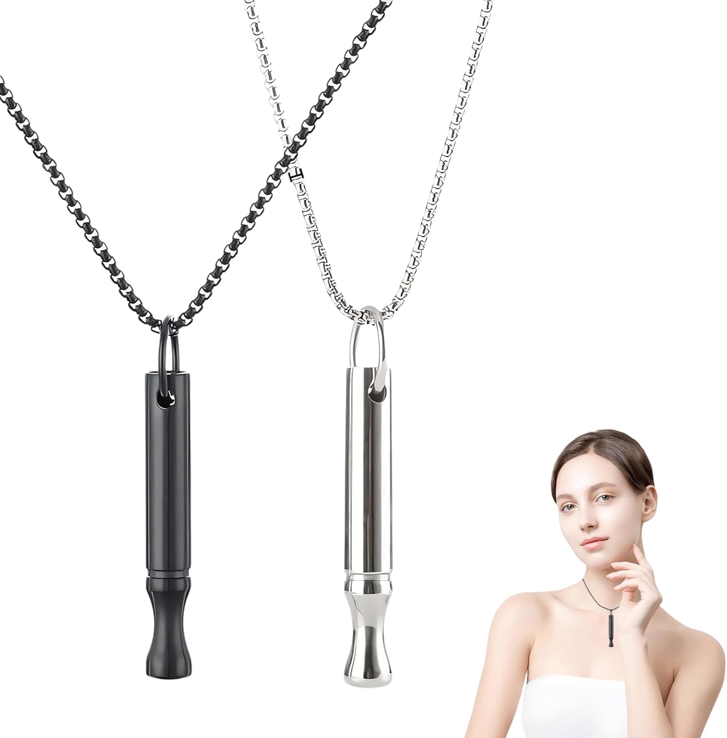 2 Pieces Breathing Necklace Aids,Necklaces Stress Relief Carry for Anxiety-Portable Breath Inhaler Lanyard Stainless Steel Whistle,for Women Men Gifts Christmas Valentine Birthday (Black/Silver)