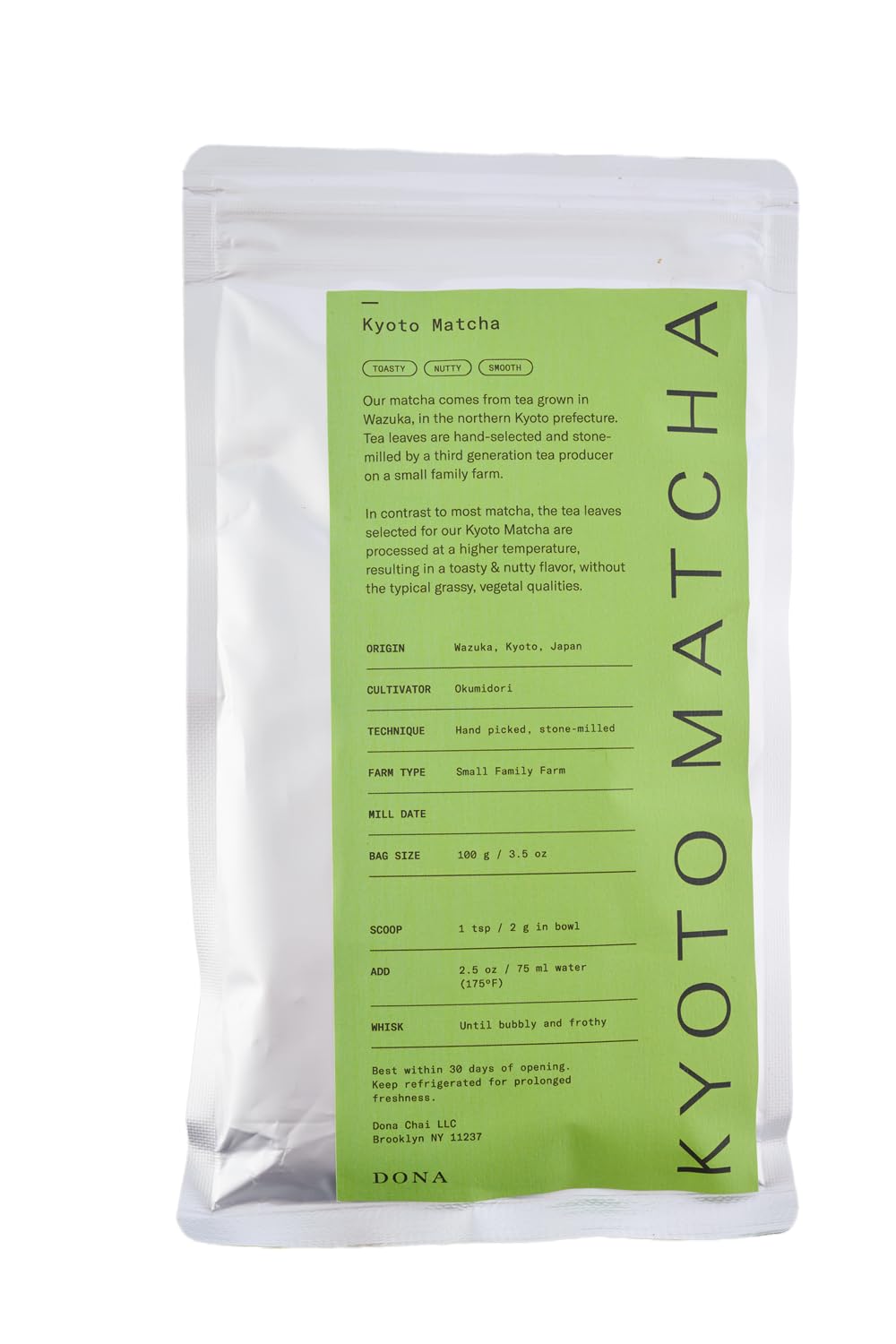 Dona Ceremonial Grade Matcha, Stone-Milled from Wazuka, Kyoto Family Tea Estate, Hot or Iced, 3.5 Ounce Sealed Bag (100g Bag)