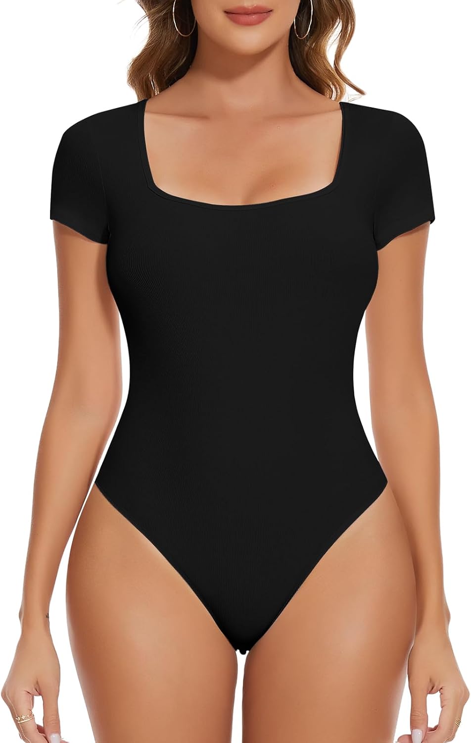 SHAPERIN Women Short Sleeve Bodysuit Crew/Square/V Neck Thong Bodysuit Top Basic Undershirt Ribbed Solid Colour Tshirt Tops