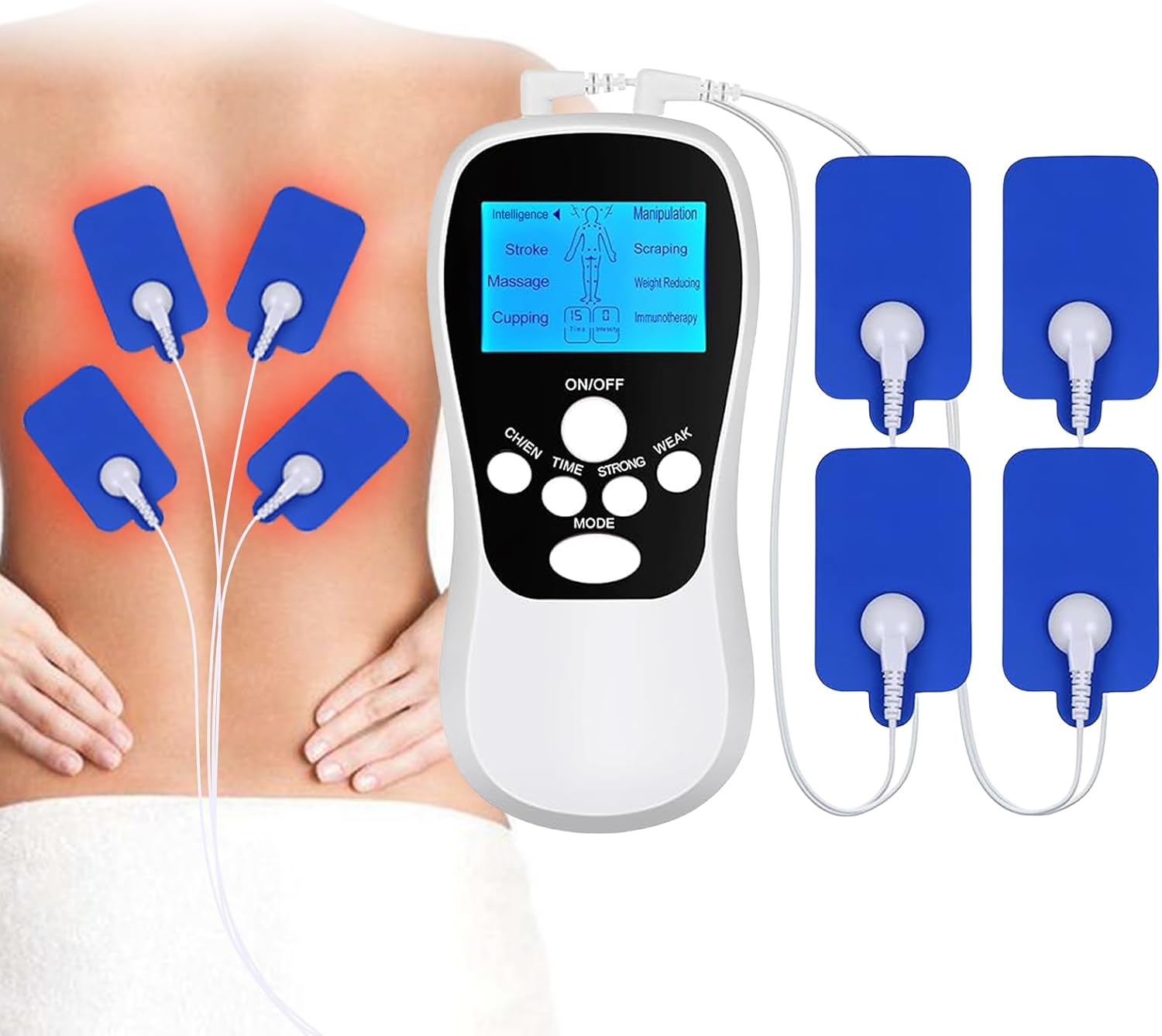 TENS Machine for Pain Relief, TENS Electric Massager with 6 Massage Modes and 8 Replacement Pads, Rechargeable Electric Massager for Back, Joint Pain Relief (White-1)