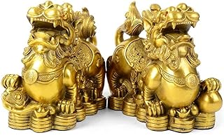 Feng Shui pixiu Brass Statue A Pair pi yao Sculpture Home Decor Golden Decoration Figurine Attract Money and Good Luck (3.2" L x 1.6" W x 2.8" H)