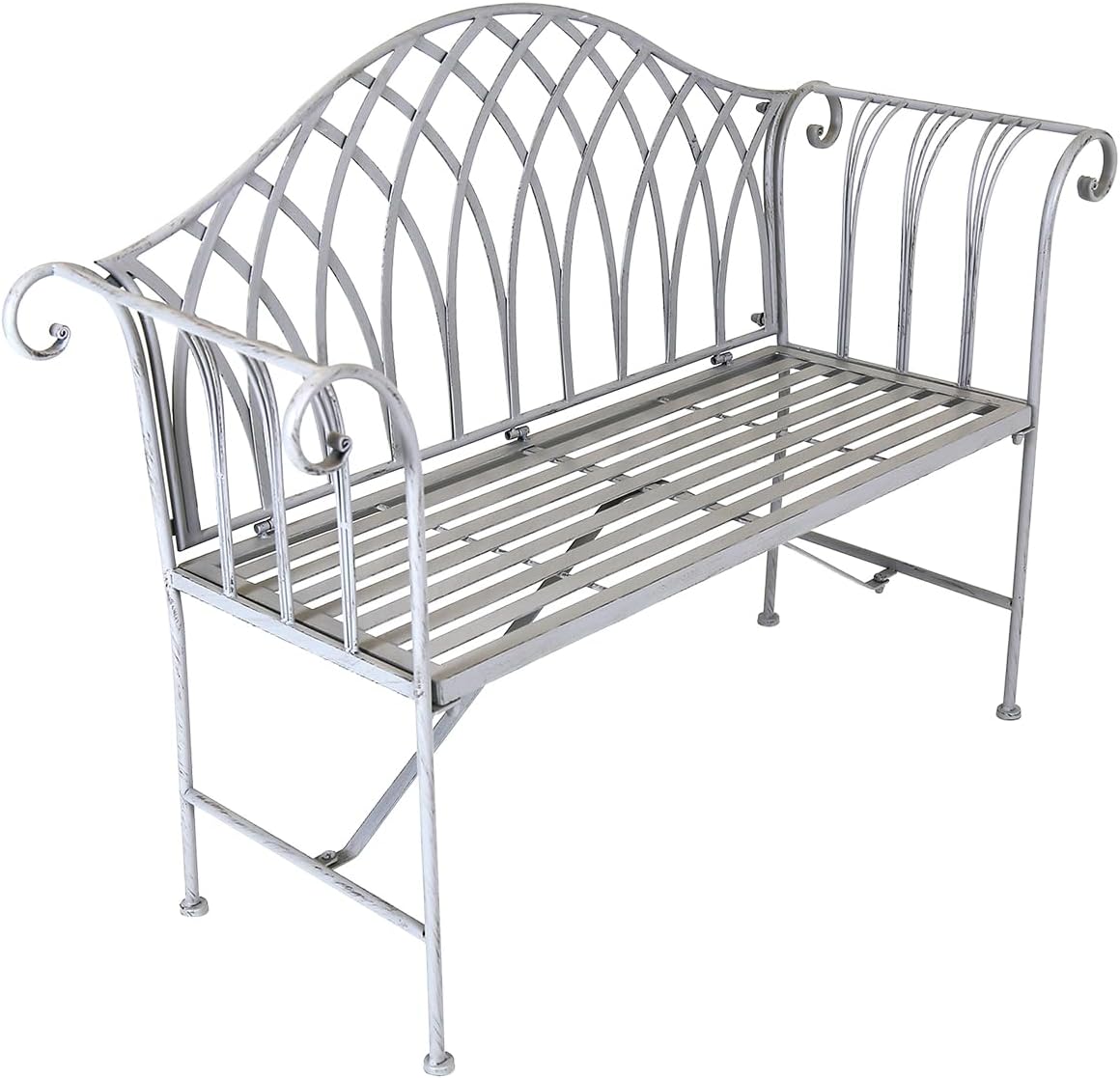Charles Bentley Decorative, Wrought Iron, Outdoor, Rustic, Bench, For Patio, Garden, Balcony, Decking, Furniture, 2 Seater, with Elegant Curved Armrest, Rustproof, Stylish, Grey (128x44x93cm)
