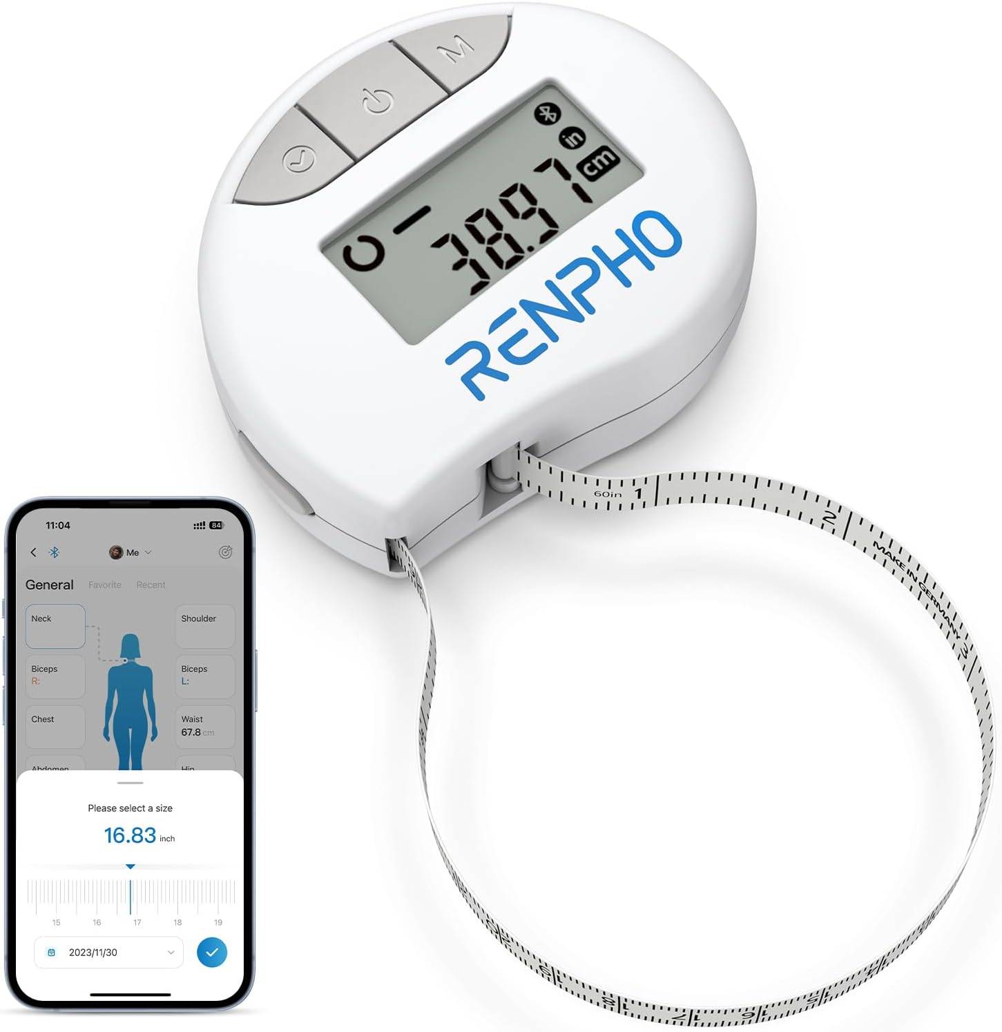 RENPHO Body Tape Measure for Weight Loss, Smart Body Measuring Tape for Body Measurements, Fitness Body Composition Monitors with APP, White, 2.8"/71 mm