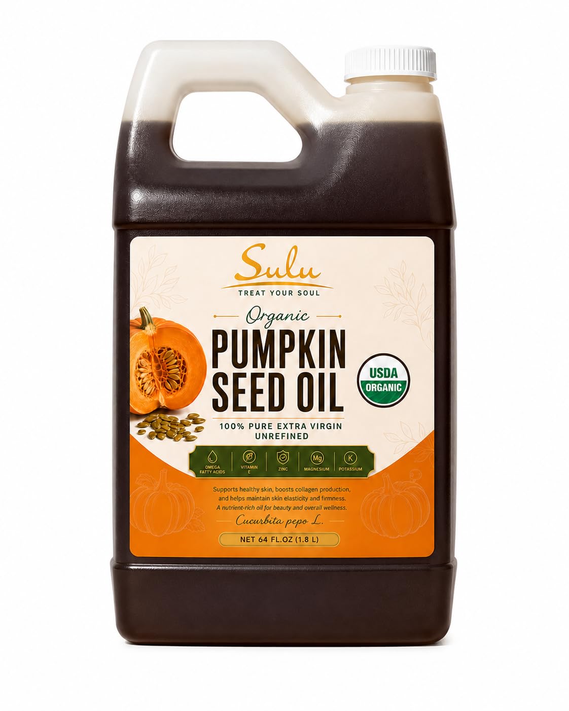 Organic Pumpkin Seed Oil, 100% Pure Cold Pressed Virgin Unrefined, Food Grade Extra Virgin, Rich in Omega Fatty Acids, For Cooking, Salads & Skin Care-64 fl.oz