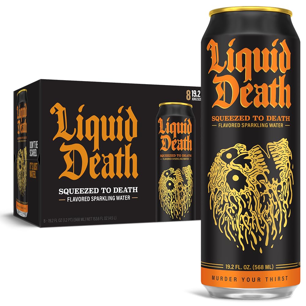 Liquid Death, Squeezed To Death Sparkling Water, 8-Pack (King Size 19.2oz Cans), Orange Flavored Sparkling Beverage Sweetened With Real Agave, Low Calorie & Low Sugar