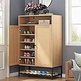 Rattan Shoe Organizer with Doors, Shoe Storage Cabinet with Adjustable Shelves for Entryway, 7-Tier Entryway Shoe Rack Storage for Hallway, Closet, Living Room