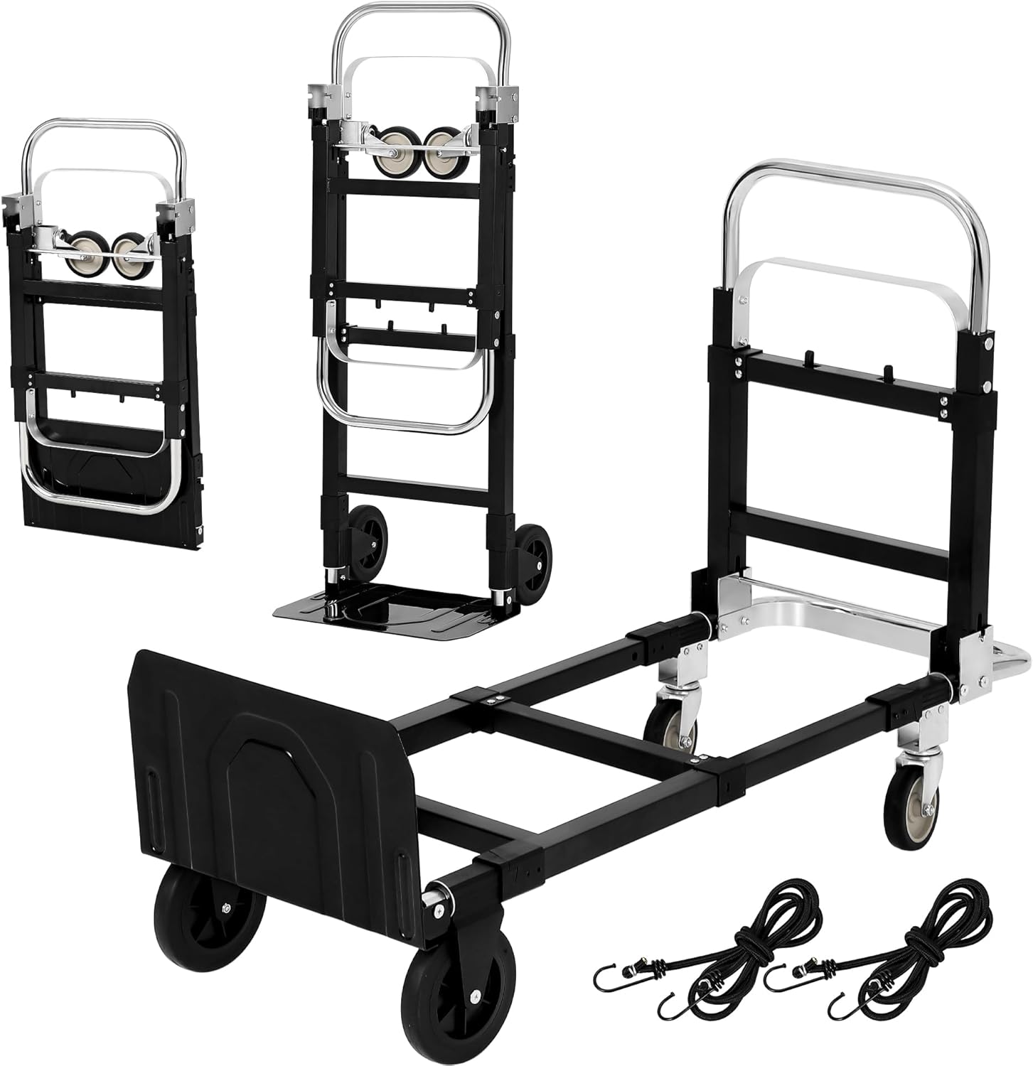 2 in 1 Convertible Hand Truck Dolly, 660lbs Load Capacity Folding Cart with Wheels, Elastic Straps, Carbon Steel Collapsible Dolly Cart for Home, Warehouse, Supermarket, Office