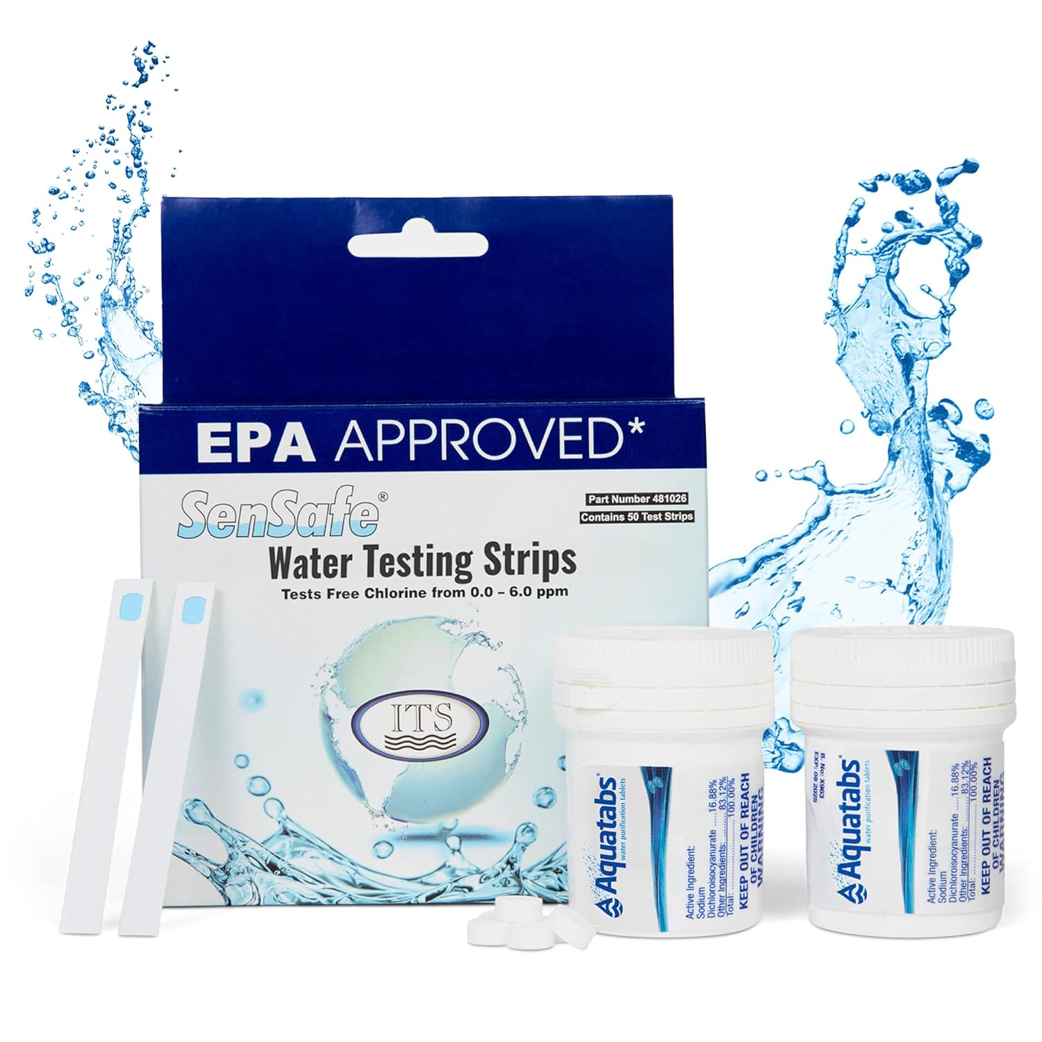 Drinking Water Essentials Kit - 200 Aquatabs Water Purification Tablets + 50 Chlorine Test Strips - for Boat and RV Tanks - by Aquamarine Water Solutions