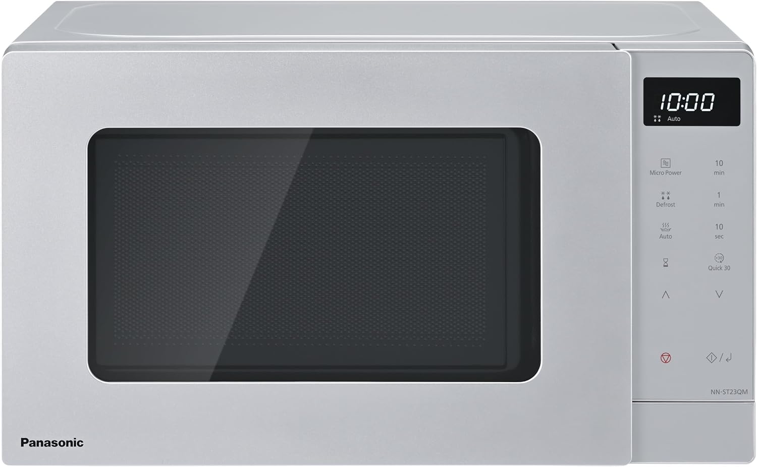 Panasonic NN-ST23QMBPQ 20L Solo Microwave Oven with Glass Tray, 800W, Auto Defrost, 8 Auto Programmes, LED Display, 5 Power Settings, Digital Timer, Silver