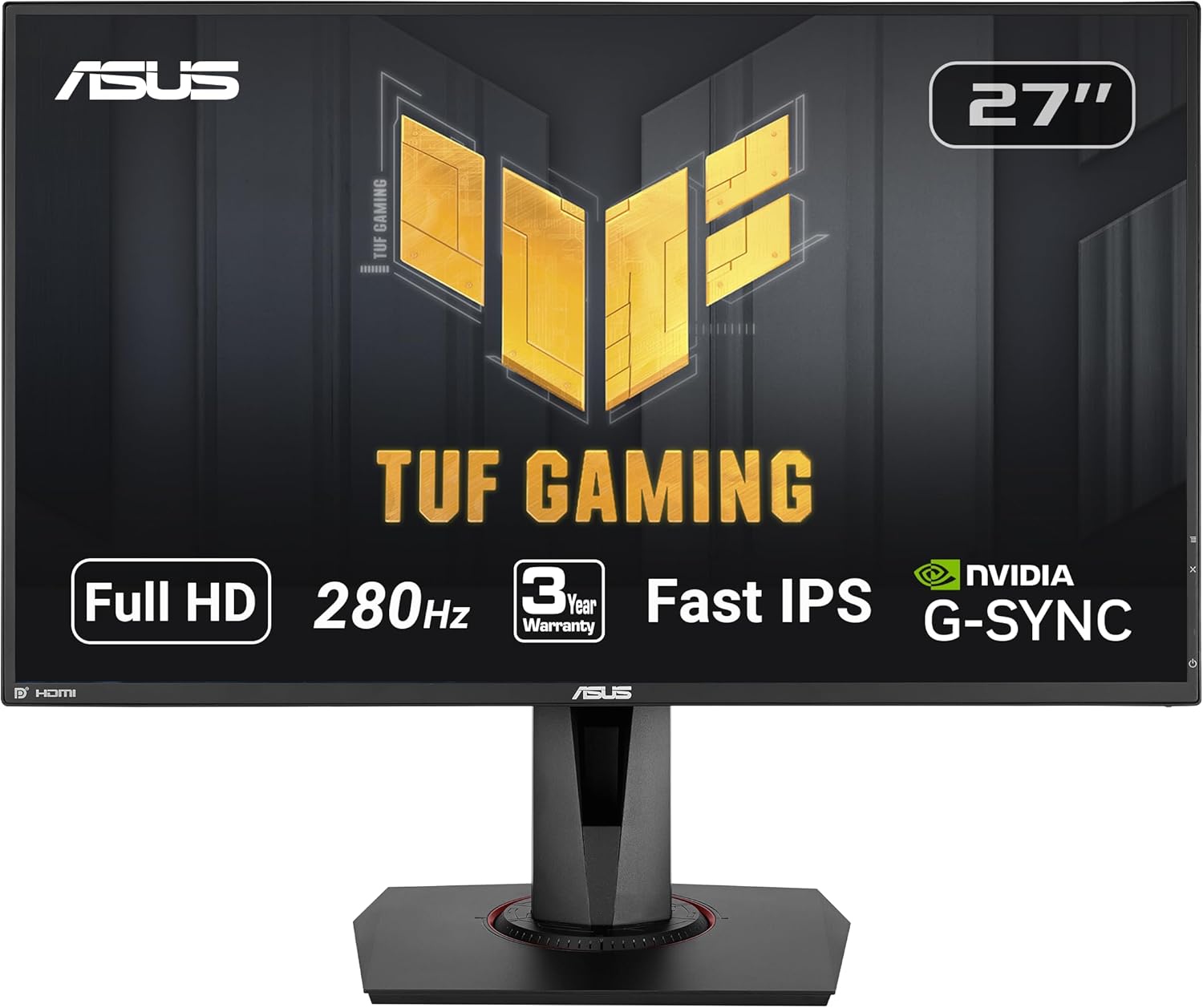 ASUS TUF Gaming VG279QM 27” HDR Monitor, 1080P Full HD (1920 x 1080), Fast IPS, 280Hz, G-SYNC Compatible, Extreme Low Motion Blur Sync (ELMB SYNC), 1ms, DisplayHDR 400,, BLACK