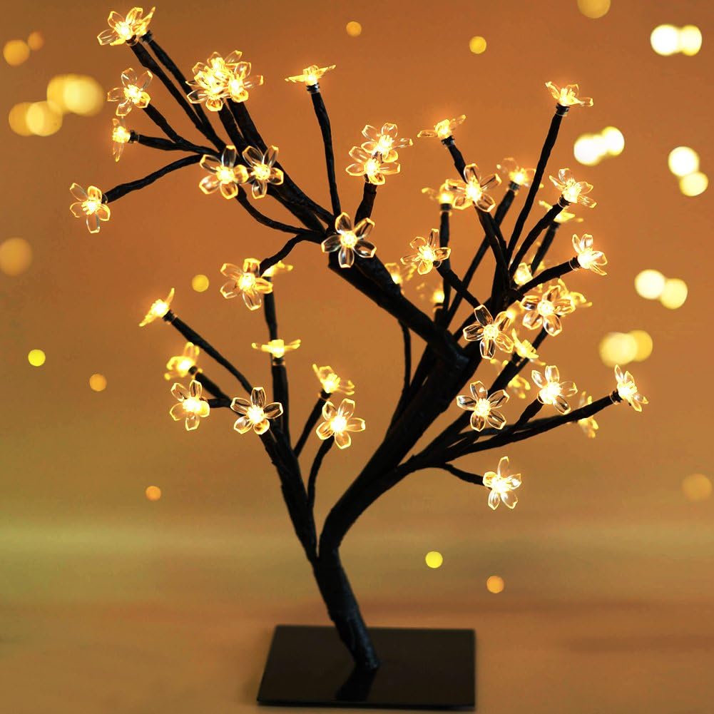 Bright Zeal 18" Battery Operated LED Cherry Blossom Tree Lights (6hr Timer) - Bonsai Lighted Tree - Lighted Cherry Blossom Tree Light Tabletop LED Tree Lamp - Home Decor Artificial Plants Light BZY