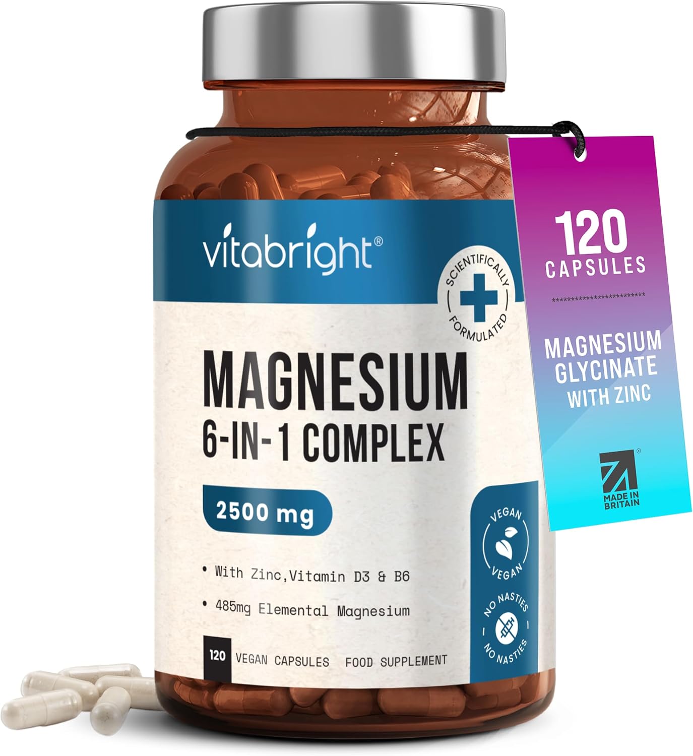 VitaBright Magnesium Glycinate Complex 6-in-1 | 2500mg, 485mg Elemental | 120 Caps | Glycinate Tablets, Zinc, Vitamin B6 & D | High Strength Magnesium Supplements for Women | ZMA Supplements for Men