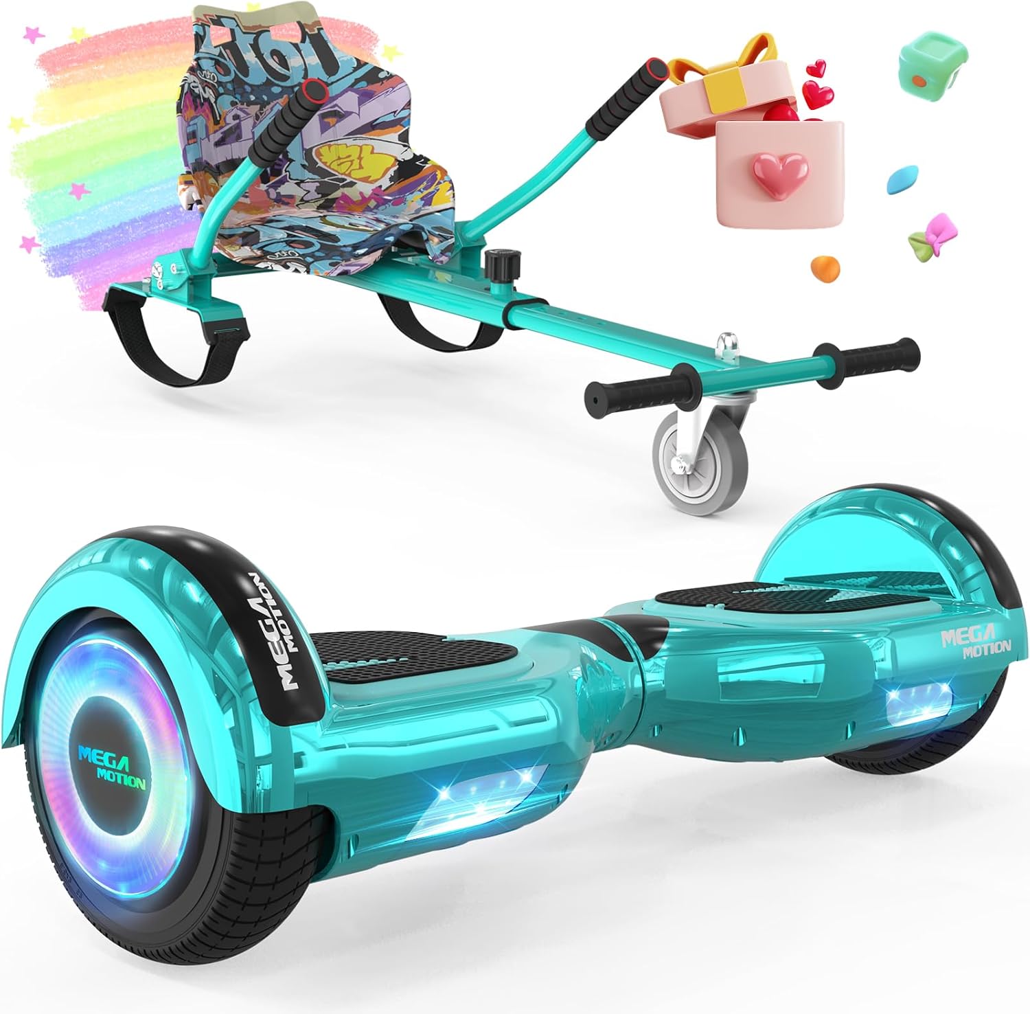 MEGA MOTION Hoverboard 6.5 inch with Hoverkart for children and teenagers, self-balancing Eclectic Scooter easy to control, non-slip, LED lights, Bluetooth speaker.