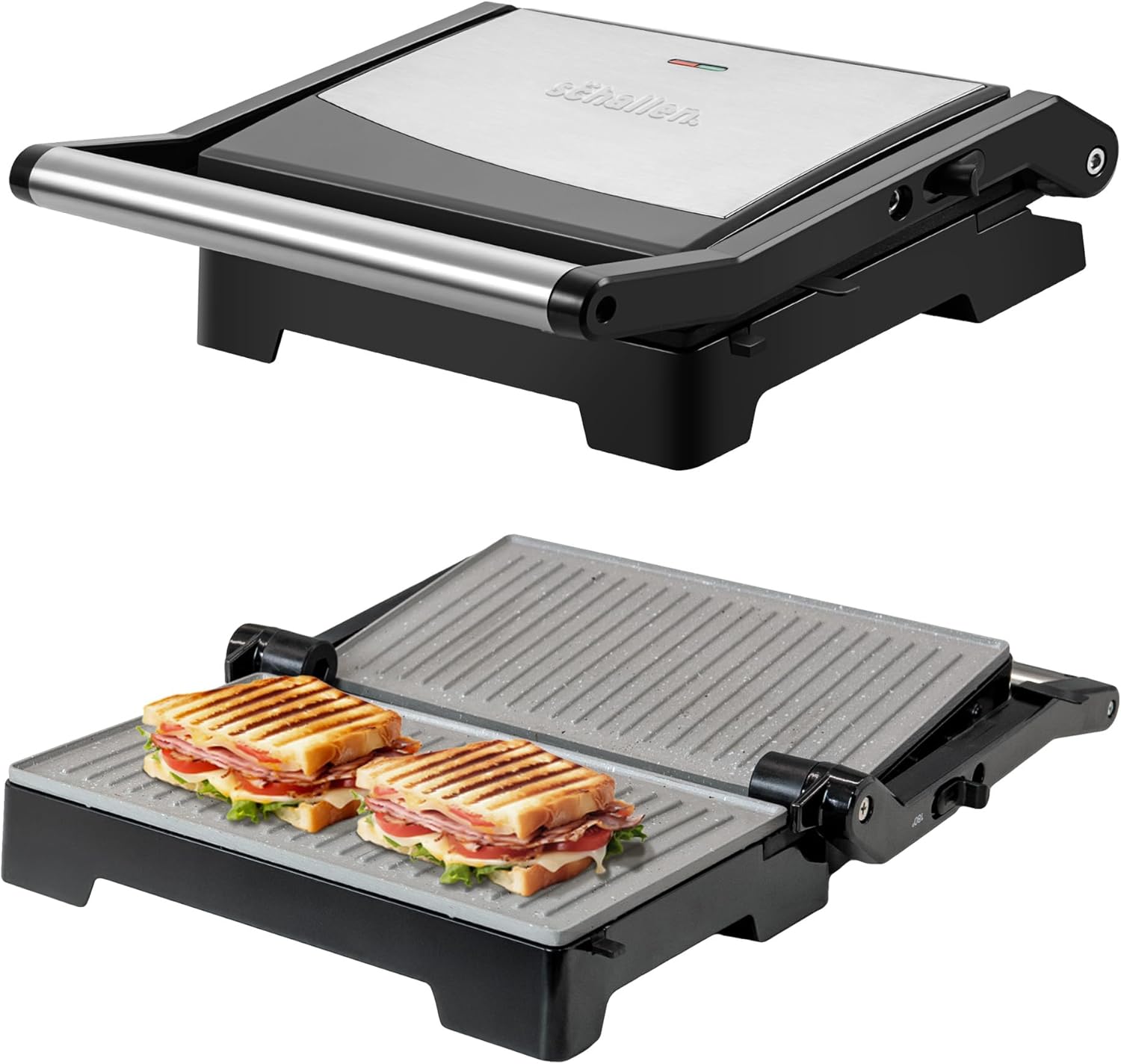 Schallen Panini Grill Press, 2 Slice Sandwich Panini Press & Toastie Maker Machine | Stainless Steel Kitchen Appliance with Non Stick Hot Plates, Cool Touch Handle, 1000W, Black & Silver