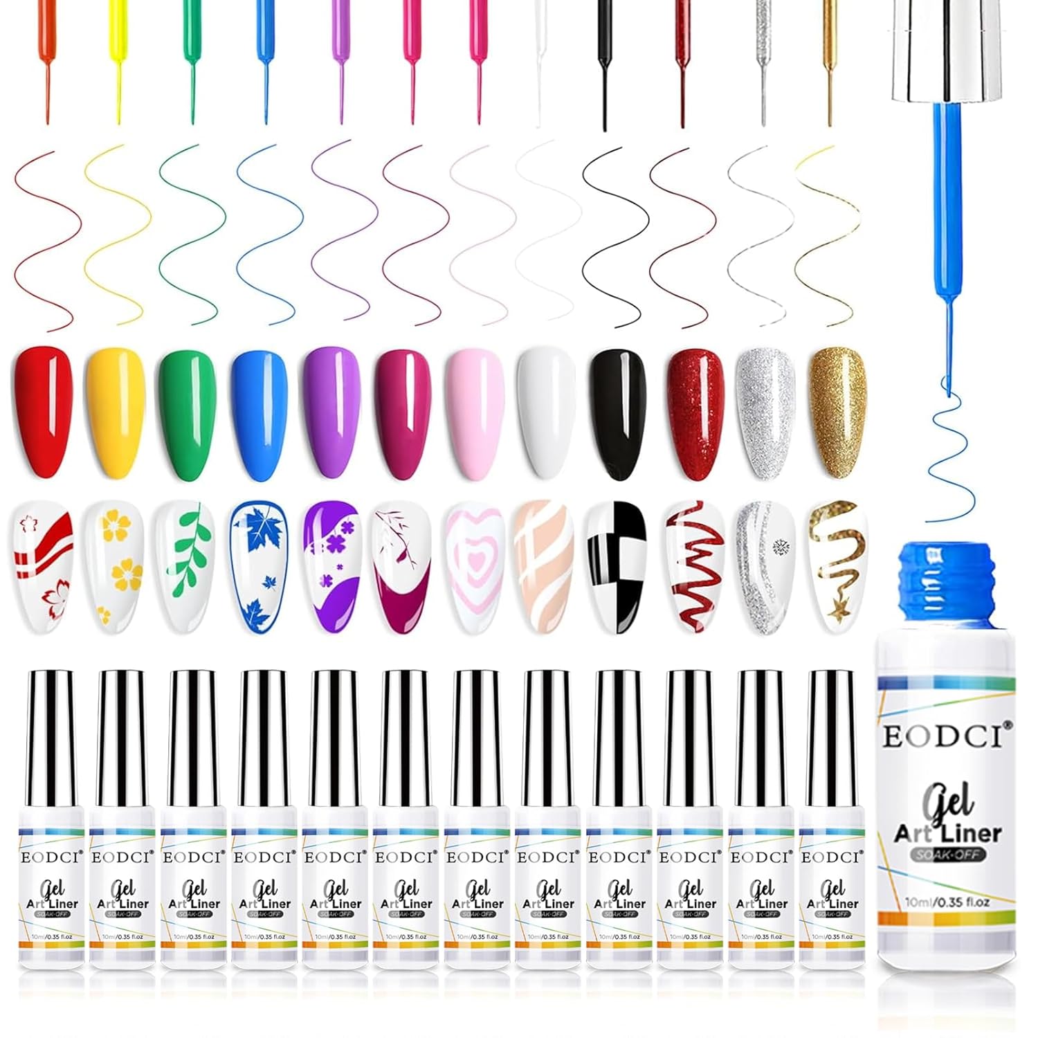 Nail Art Gel Liner Set, 12 Colors Black Red Pink Yellow Green Glitter Fall Winter Gel Polish for Swirl French Tip Painting Designs Soak Off Built Thin Brush DIY Nail Design Kit