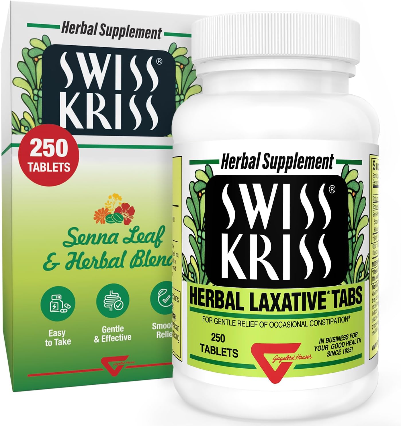 Swiss Kriss Herbal Laxative Tablets, Gentle & Natural Laxatives for Constipation Relief for Adults & Children Over Age 6, Works in 6-12 Hours, Senna Laxative, 250 Tablets Total
