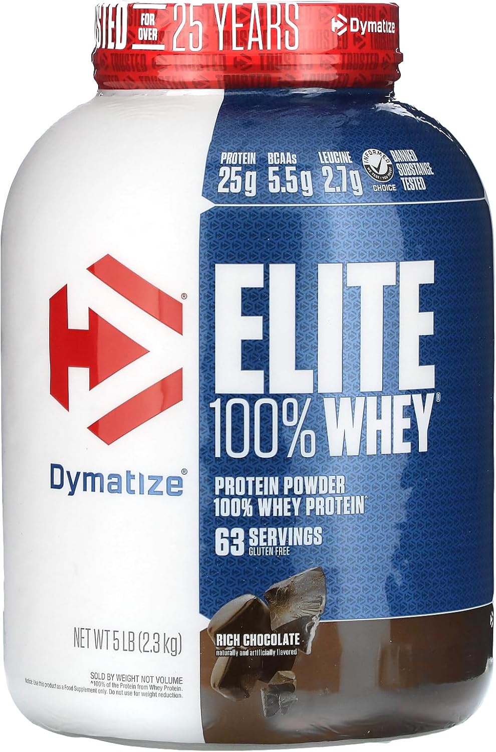 Dymatize Elite 100% Whey Protein Powder, 25g Protein, 5.5g BCAAs & 2.7 L-Leucine, Quick Absorbing & Fast Digesting for Optimal Muscle Recovery, Rich Chocolate, 5 Pound, 63 Servings