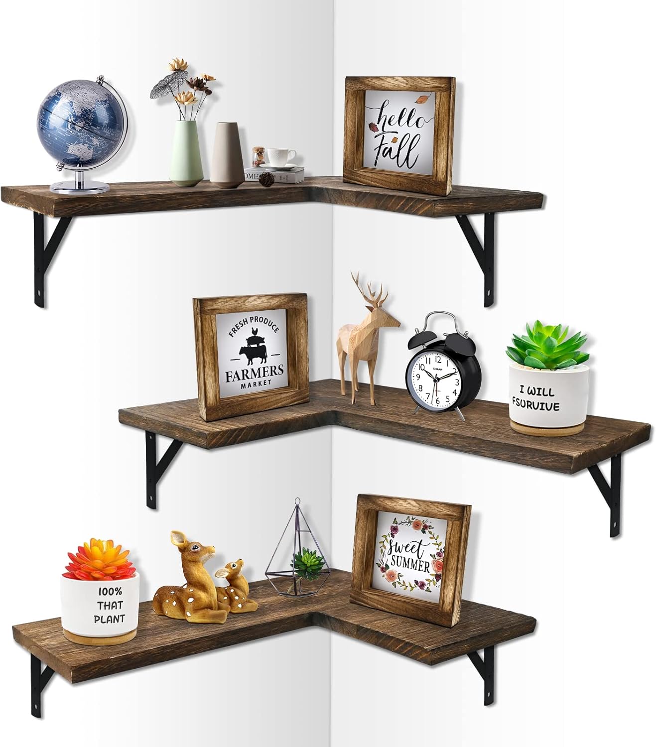 Mailesi Wooden Corner Floating Shelves Wall Mounted Shelf, 3 Set Rustic Wooden Wall Storage Organizer Invisible Shelves for Bedroom, Living Room, Bathroom, Kitchen, Office, Farmhouse Decor